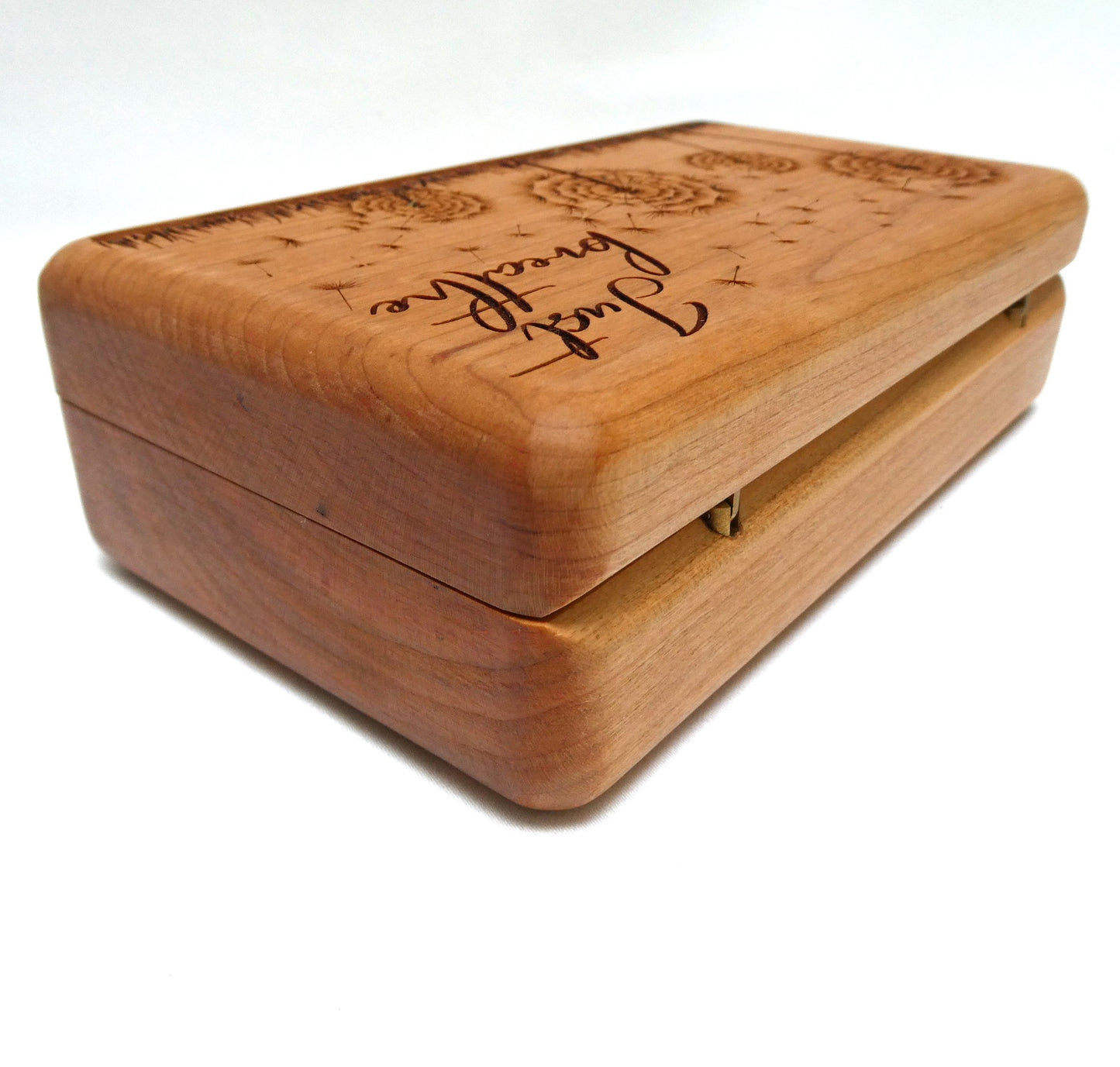 Contemporary Lazer-Etched Jewelry Caddy Box, Featuring a Hinged Lid, White Interior and Dandelions "Just Breathe"