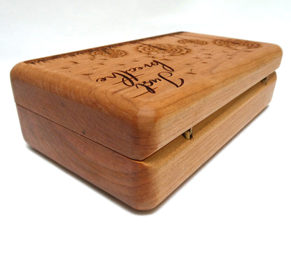 Contemporary Lazer-Etched Jewelry Caddy Box, Featuring a Hinged Lid, White Interior and Dandelions "Just Breathe"
