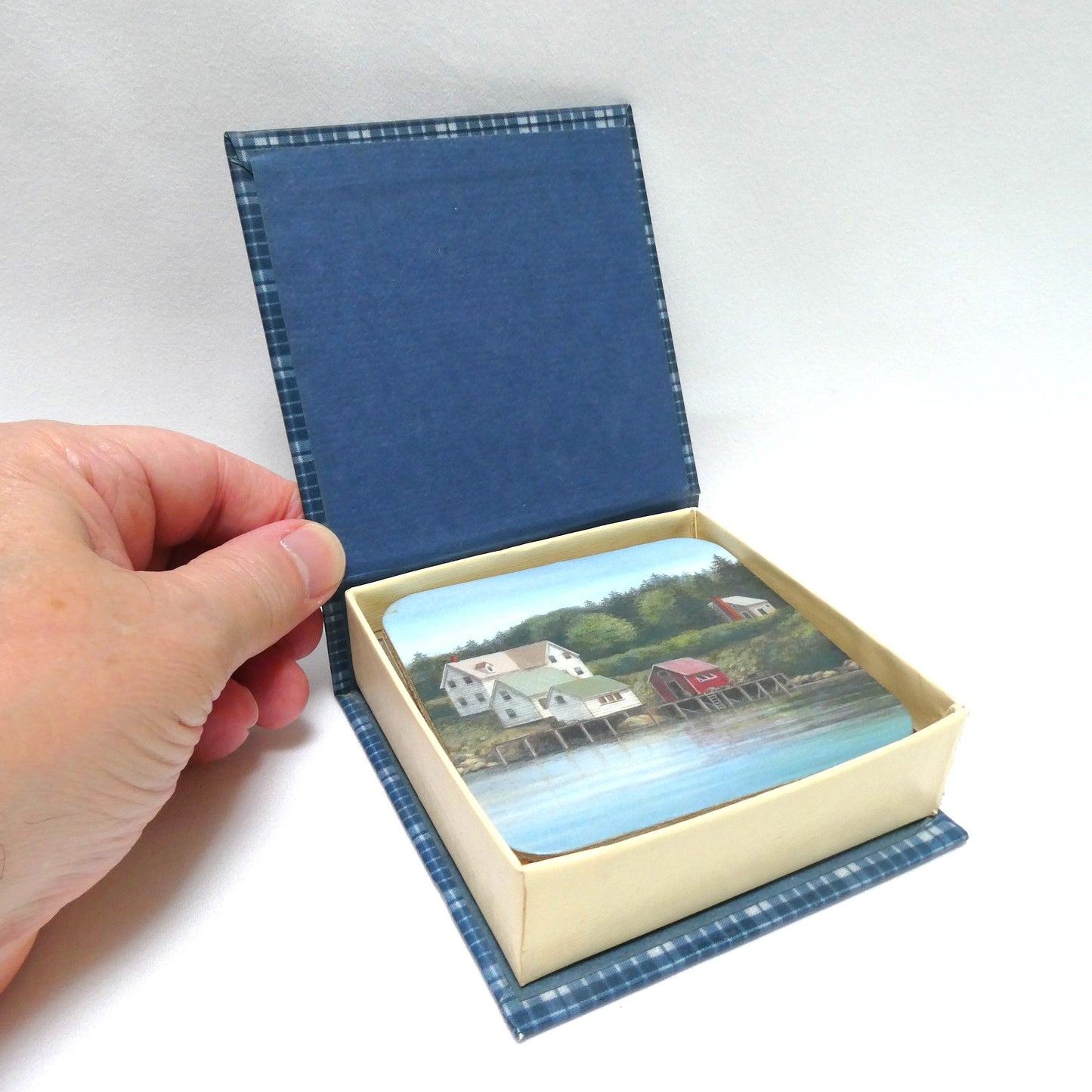 Vintage East Coast Atlantic Canada SET OF SIX COASTERS, and Original Box, Featuring a Serene Fishing Village