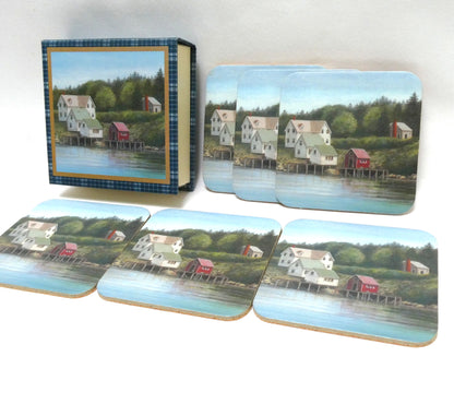 Vintage East Coast Atlantic Canada SET OF SIX COASTERS, and Original Box, Featuring a Serene Fishing Village