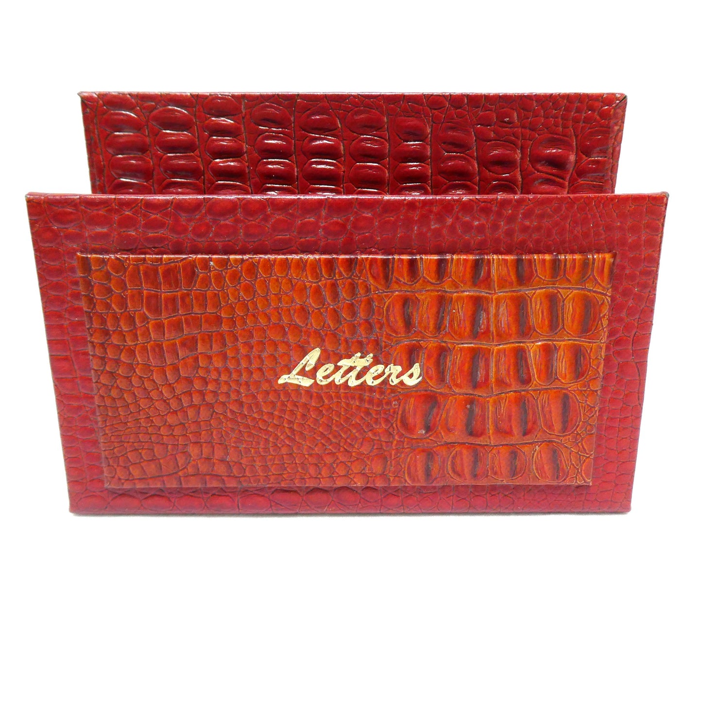 Vintage 1970's Desk Top Letter Holder, Styled in Maroon Textured Crocodile or Alligater Skin