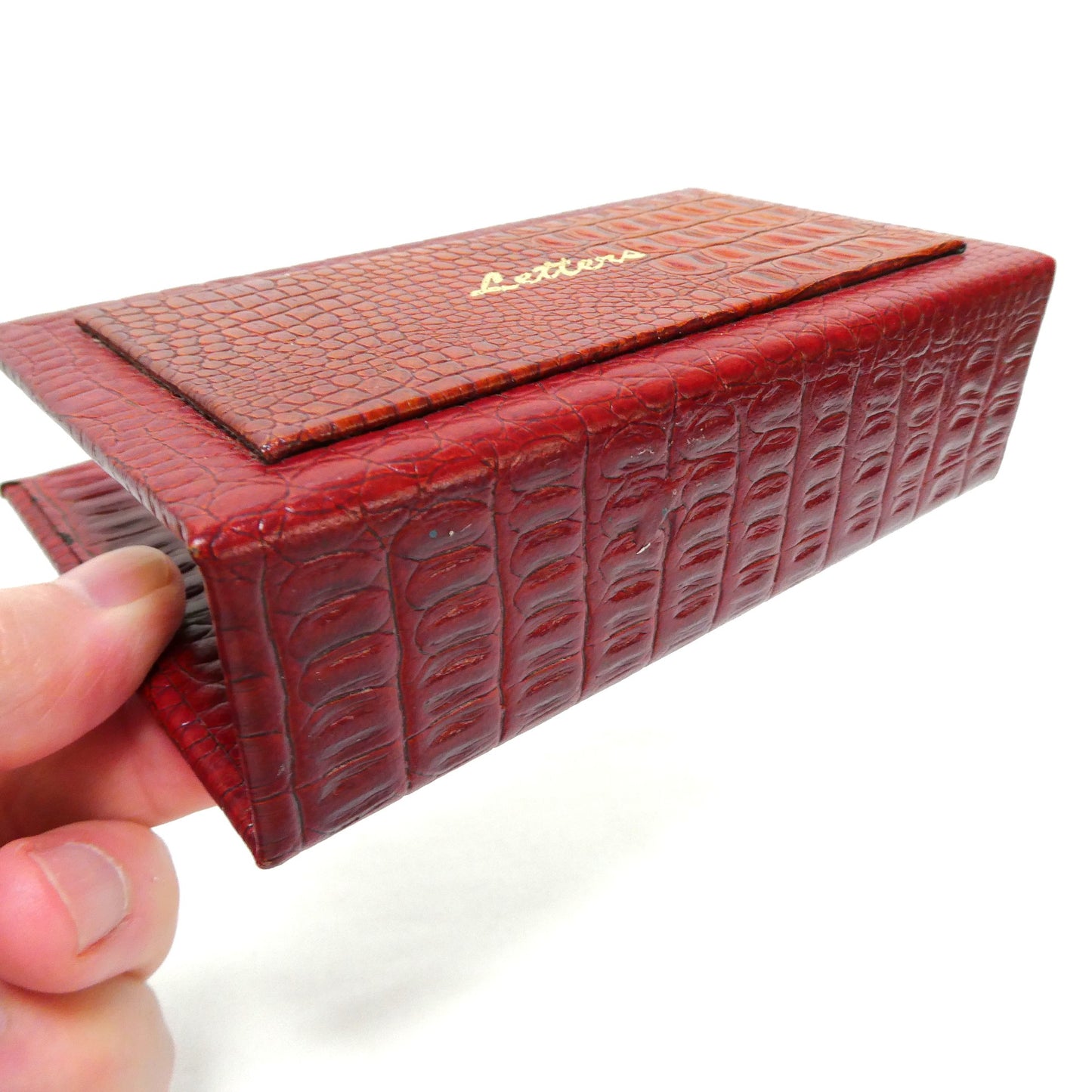 Vintage 1970's Desk Top Letter Holder, Styled in Maroon Textured Crocodile or Alligater Skin