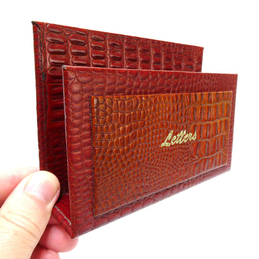 Vintage 1970's Desk Top Letter Holder, Styled in Maroon Textured Crocodile or Alligater Skin