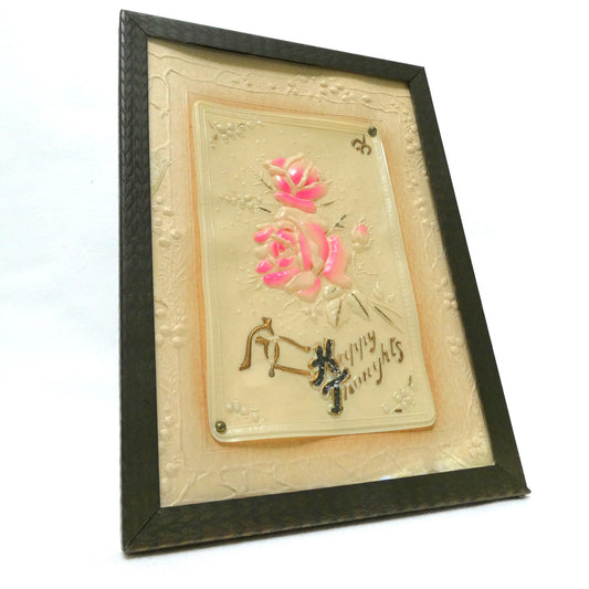 Antique 1900's Celluloid and Linen Greeting Card by Raphael Tuck and Sons: 'Pink Rose Happy Thoughts' in Original Frame!