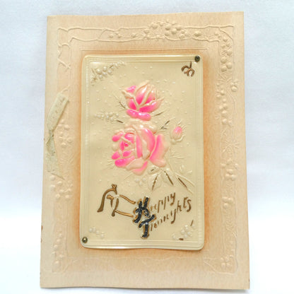 Antique 1900's Celluloid and Linen Greeting Card by Raphael Tuck and Sons: 'Pink Rose Happy Thoughts' in Original Frame!