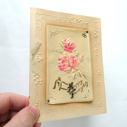 Antique 1900's Celluloid and Linen Greeting Card by Raphael Tuck and Sons: 'Pink Rose Happy Thoughts' in Original Frame!