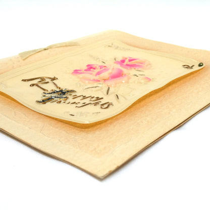 Antique 1900's Celluloid and Linen Greeting Card by Raphael Tuck and Sons: 'Pink Rose Happy Thoughts' in Original Frame!
