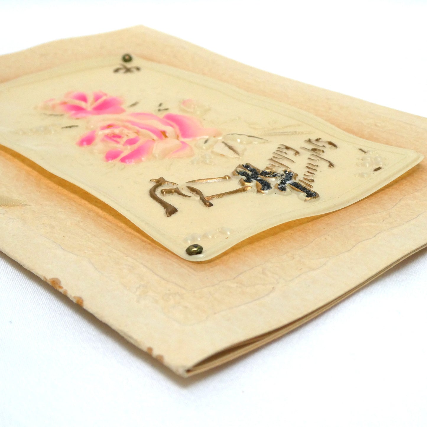 Antique 1900's Celluloid and Linen Greeting Card by Raphael Tuck and Sons: 'Pink Rose Happy Thoughts' in Original Frame!