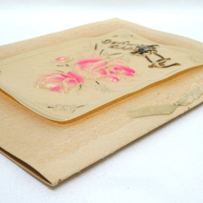 Antique 1900's Celluloid and Linen Greeting Card by Raphael Tuck and Sons: 'Pink Rose Happy Thoughts' in Original Frame!