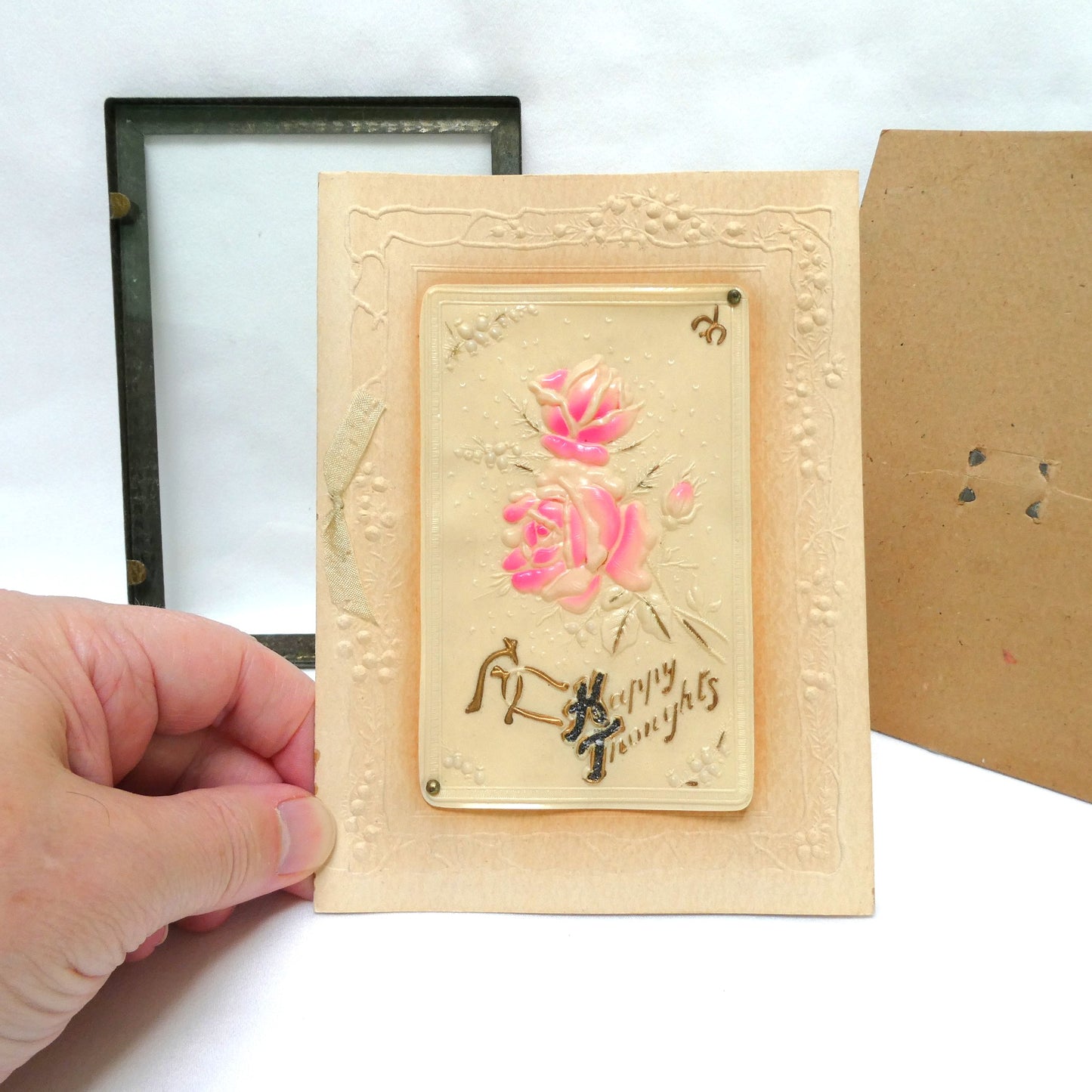 Antique 1900's Celluloid and Linen Greeting Card by Raphael Tuck and Sons: 'Pink Rose Happy Thoughts' in Original Frame!
