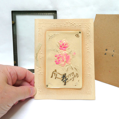 Antique 1900's Celluloid and Linen Greeting Card by Raphael Tuck and Sons: 'Pink Rose Happy Thoughts' in Original Frame!