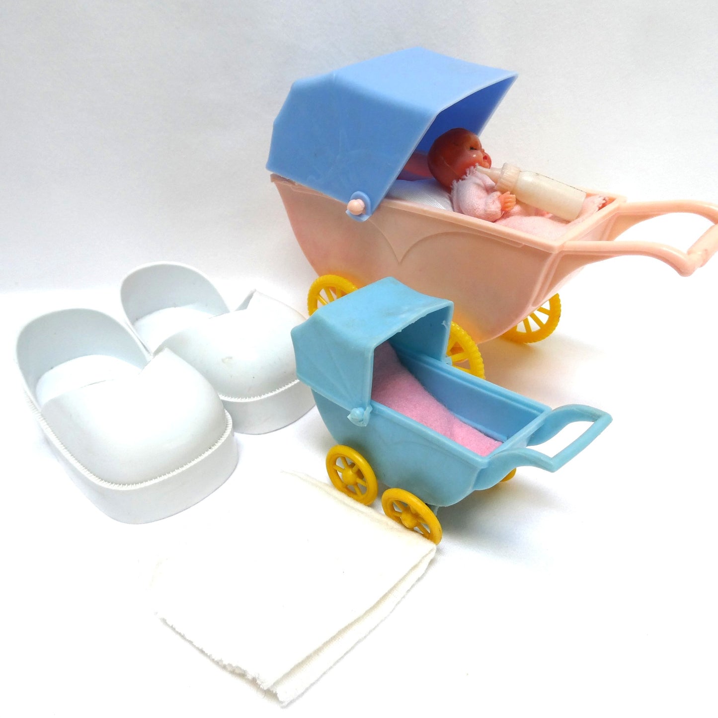 Pair of Vintage Toy Baby Plastic Prams, with Bonus Baby and Bottle, plus extra items!