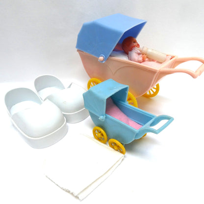 Pair of Vintage Toy Baby Plastic Prams, with Bonus Baby and Bottle, plus extra items!