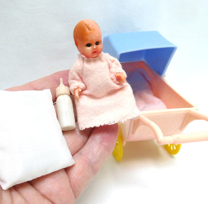 Pair of Vintage Toy Baby Plastic Prams, with Bonus Baby and Bottle, plus extra items!