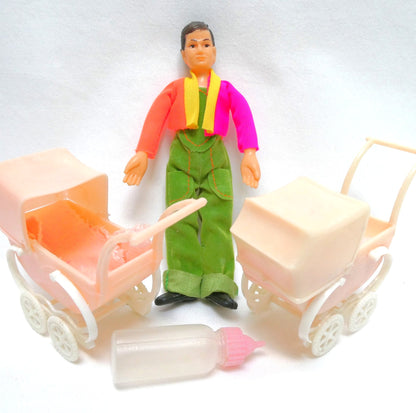 Vintage 4-Inch Tall MARX RUBBER BENDABLE DOLLHOUSE FIGURE, Fully Dressed plus extras!