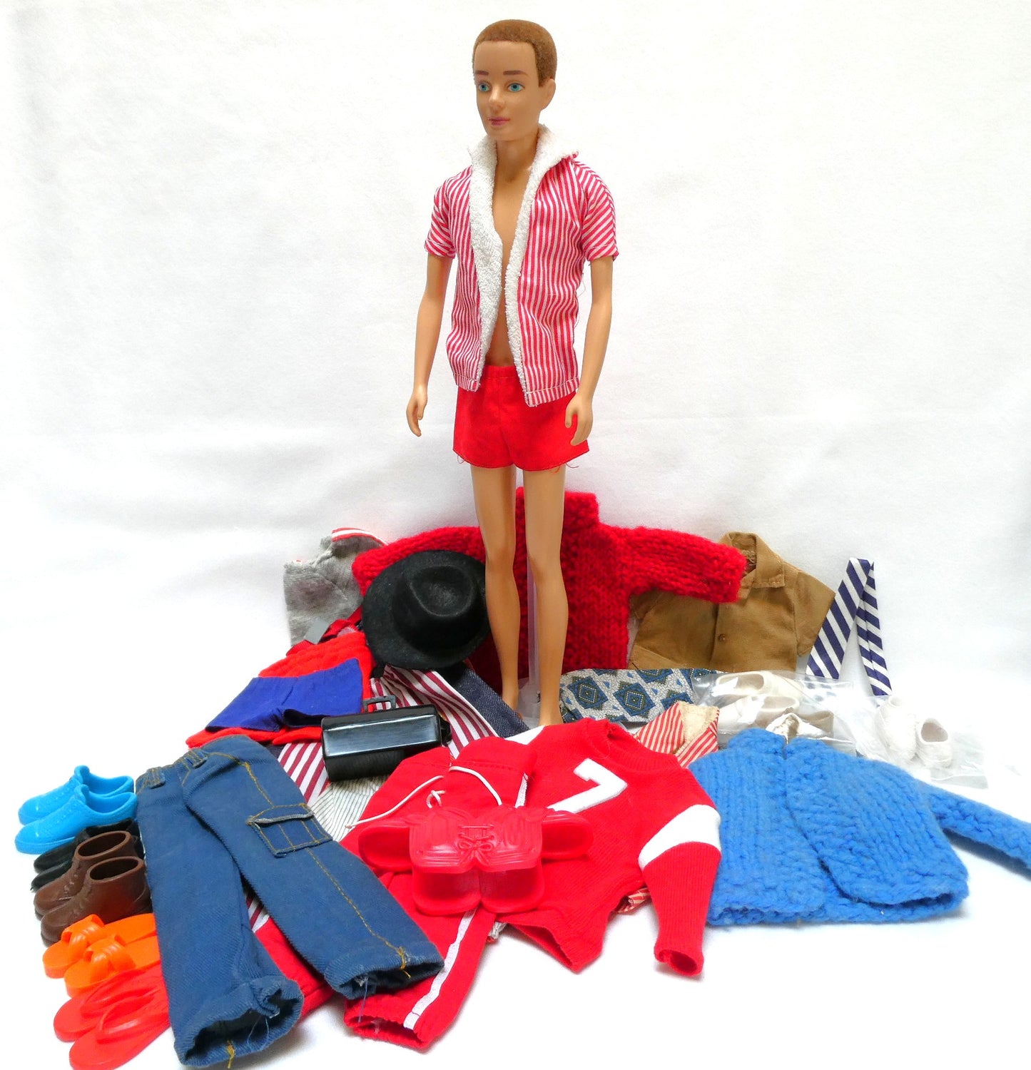 Vintage Rare Barbie Ken HTF Brownette Reproduction Brown Flocked Hair dressed in the 1960s original striped shirt and red bottoms...AND MORE!