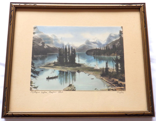 A Famous Hand-Tinted Antique B&W Photograph by "Maleg" of 'MALIGNE LAKE, Jasper National Park', Alberta, Canada