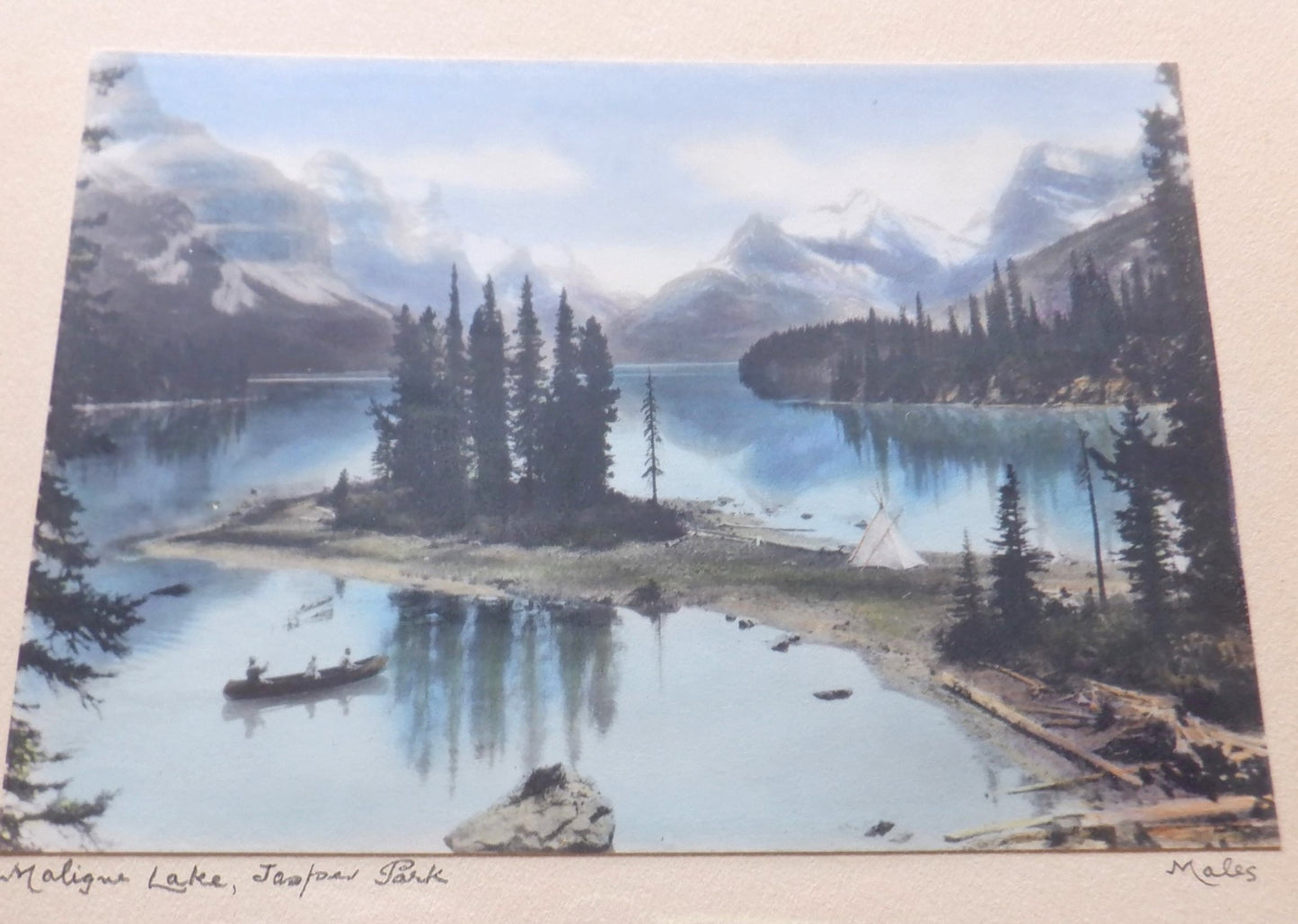 A Famous Hand-Tinted Antique B&W Photograph by "Maleg" of 'MALIGNE LAKE, Jasper National Park', Alberta, Canada