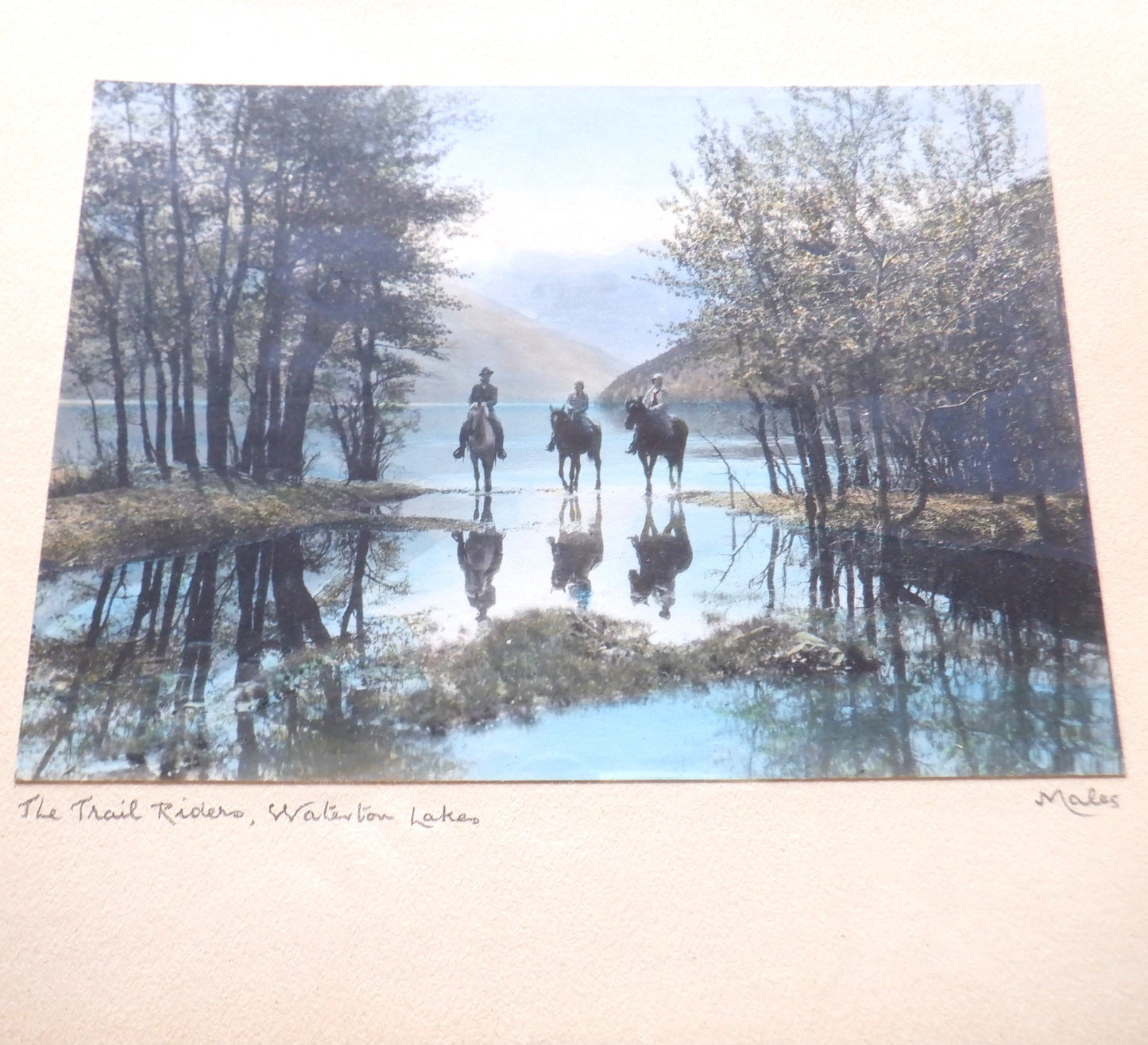 A Famous Antique Alberta Hand-Tinted Black & White "Maleg" Photograph: 'THE TRAIL RIDERS, Waterton Lakes'