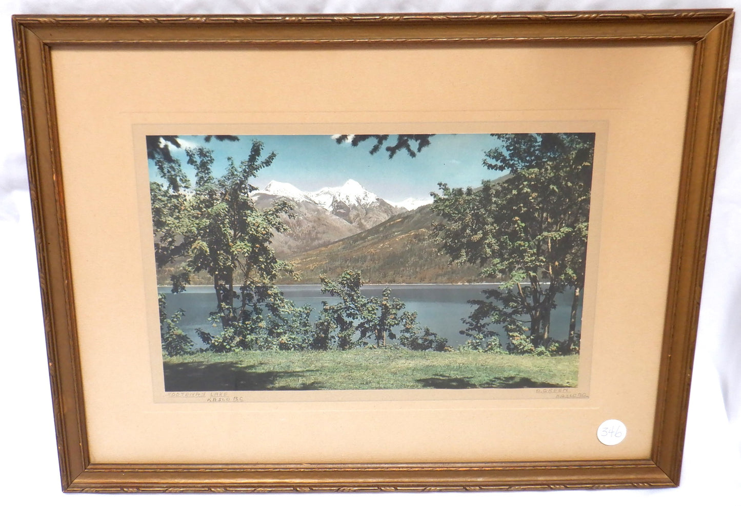 Vintage Hand-Tinted British Columbia Framed Photograph by D. Green: 'KOOTENAY LAKE'