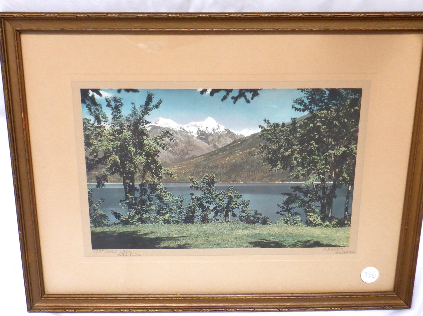 Vintage Hand-Tinted British Columbia Framed Photograph by D. Green: 'KOOTENAY LAKE'