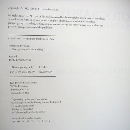 PHOTOGRAPHY OF NATURAL THINGS, by Freeman Patterson, 1989