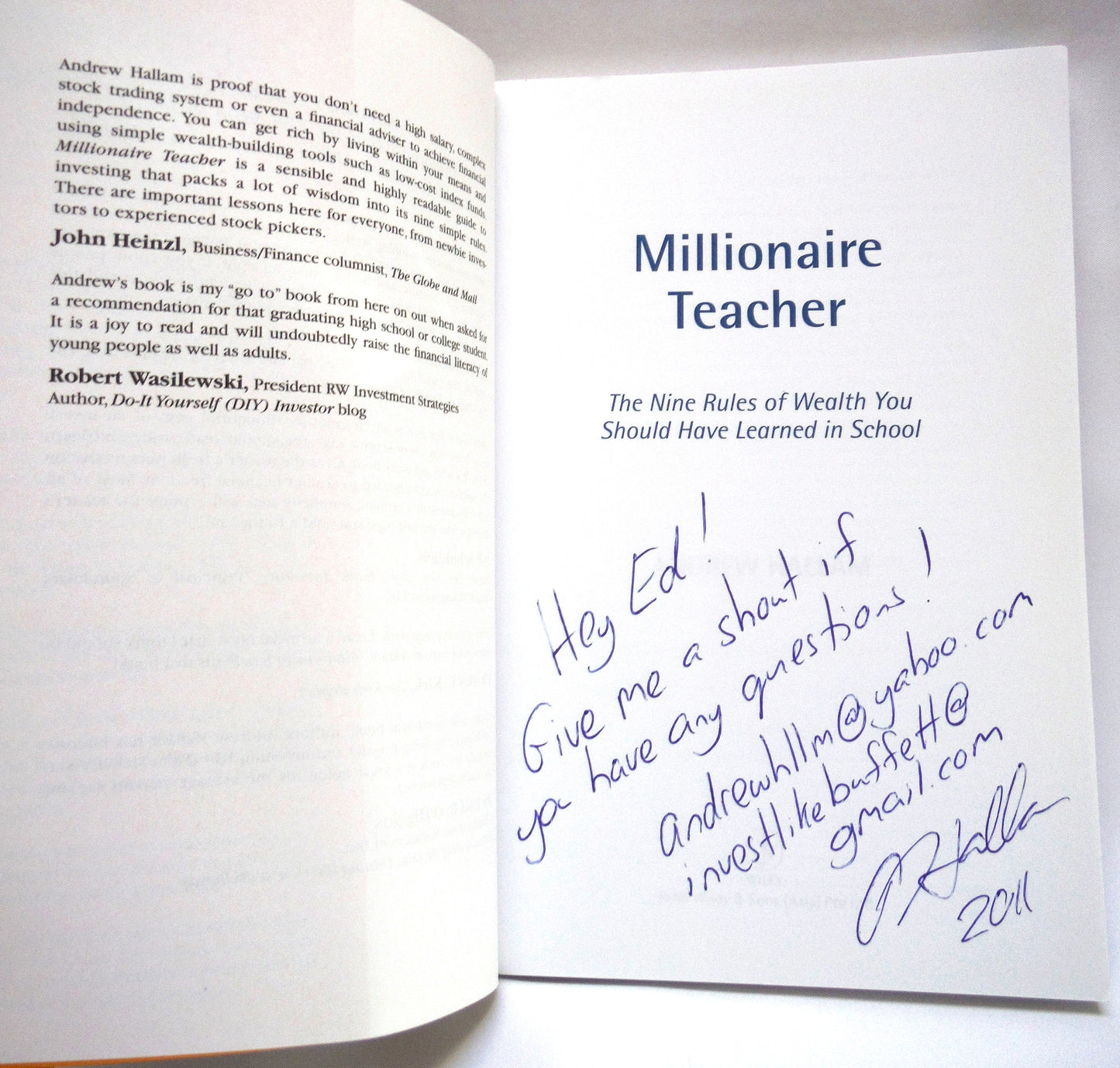 MILLIONAIRE TEACHER, The Nine Rules of Wealth You Should Have Learned in School, by Andrew Hallam (1st Ed. SIGNED)