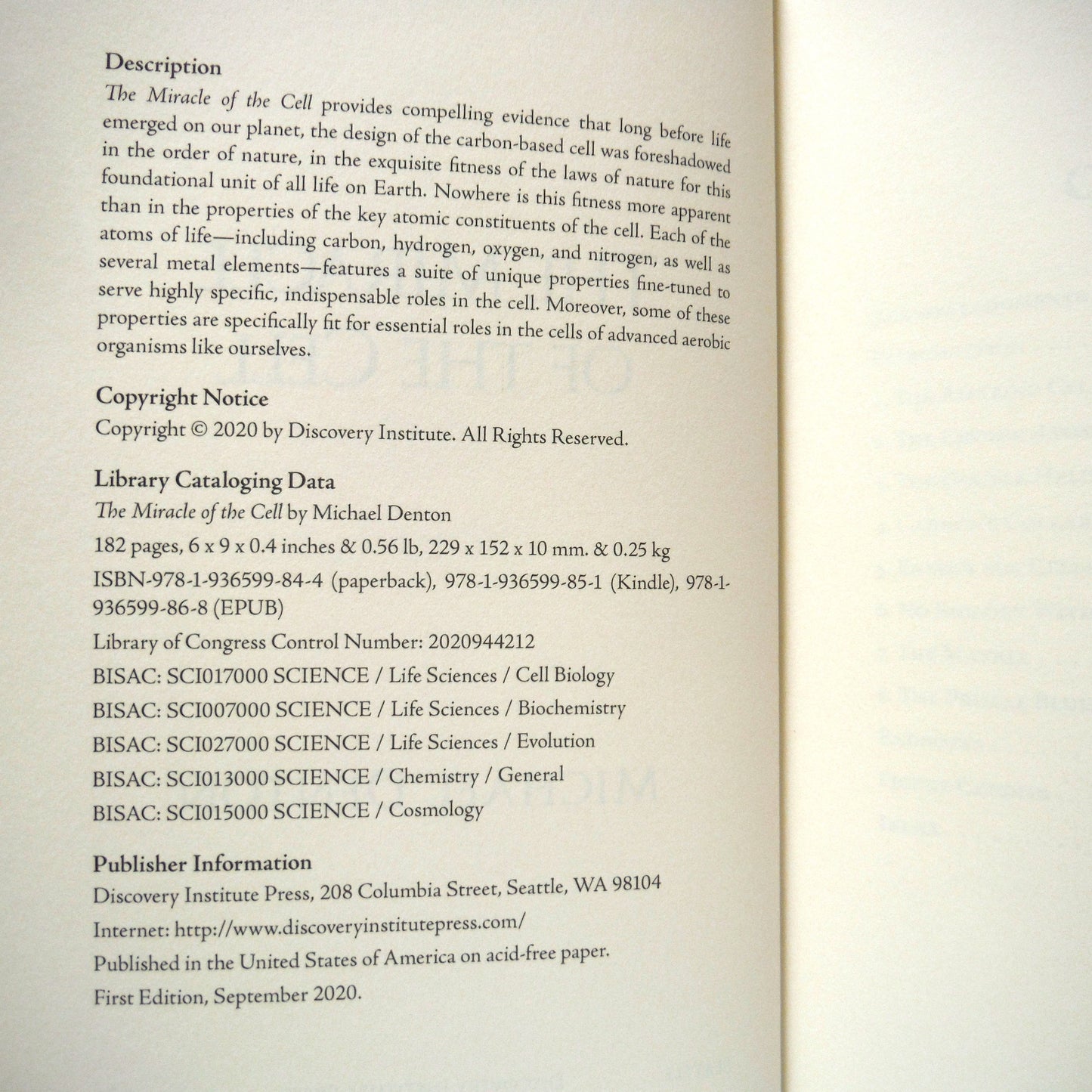 THE MIRACLE OF THE CELL, by Michael Denton (2020 1st Ed.)