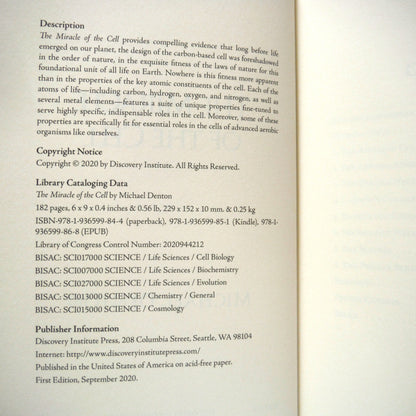 THE MIRACLE OF THE CELL, by Michael Denton (2020 1st Ed.)