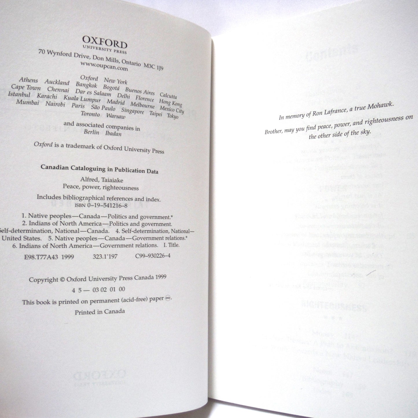 PEACE, POWER, RIGHTEOUSNESS: an Indigenous Manifesto, by Taiaiake Alfred  (1999 1st Ed.)