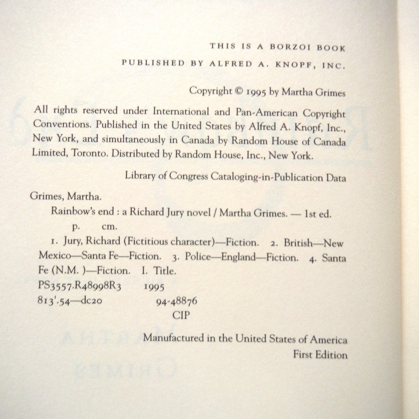 RAINBOW'S END, A Richard Jury Novel, by Martha Grimes (1995 1st Ed.)
