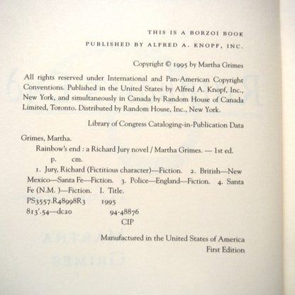 RAINBOW'S END, A Richard Jury Novel, by Martha Grimes (1995 1st Ed.)