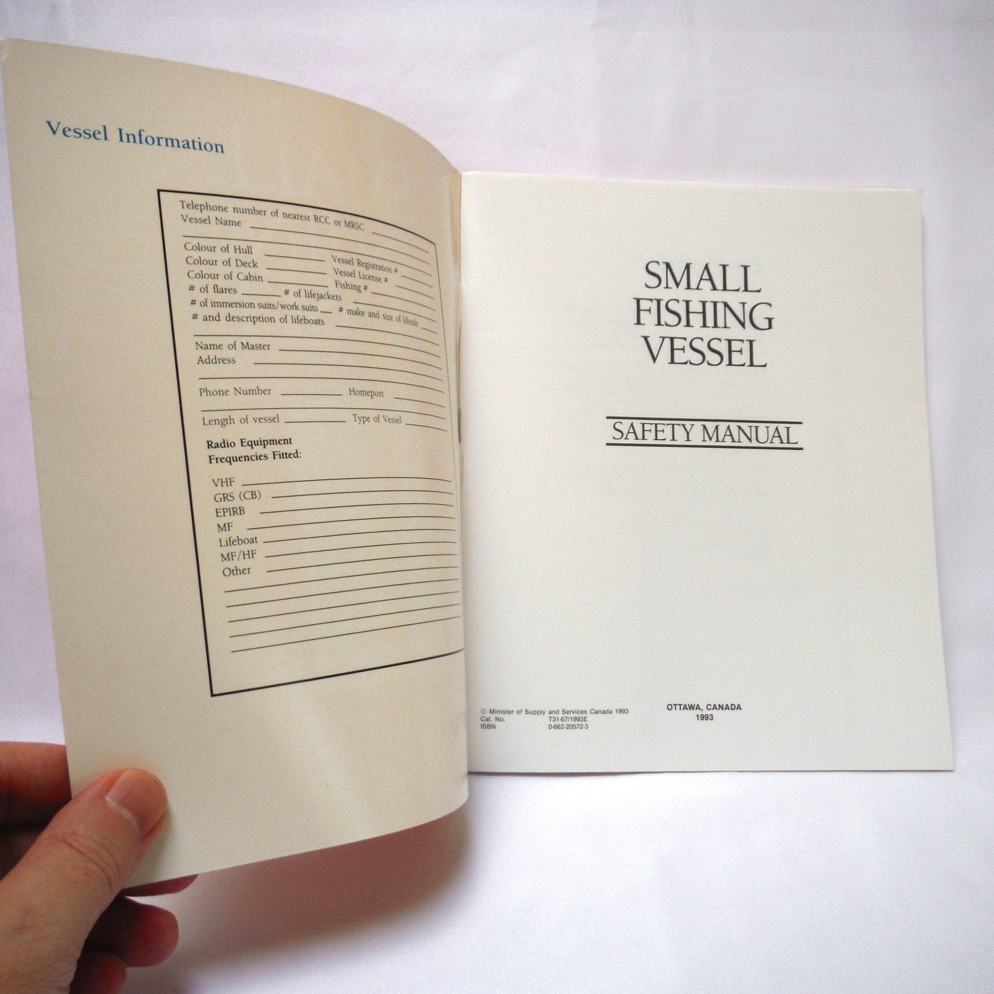 SMALL FISHING VESSEL SAFETY MANUAL, by The Canadian Coast Guard  (1993 1st Ed.)