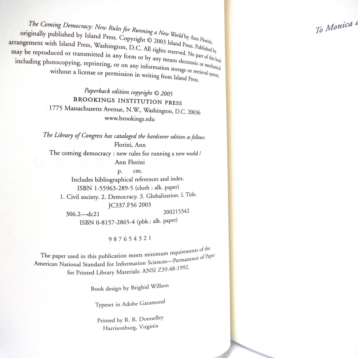 THE COMING DEMOCRACY, New Rules For Running a New World, by Ann Florini (2005 1st Ed.)