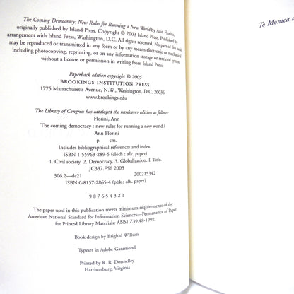 THE COMING DEMOCRACY, New Rules For Running a New World, by Ann Florini (2005 1st Ed.)