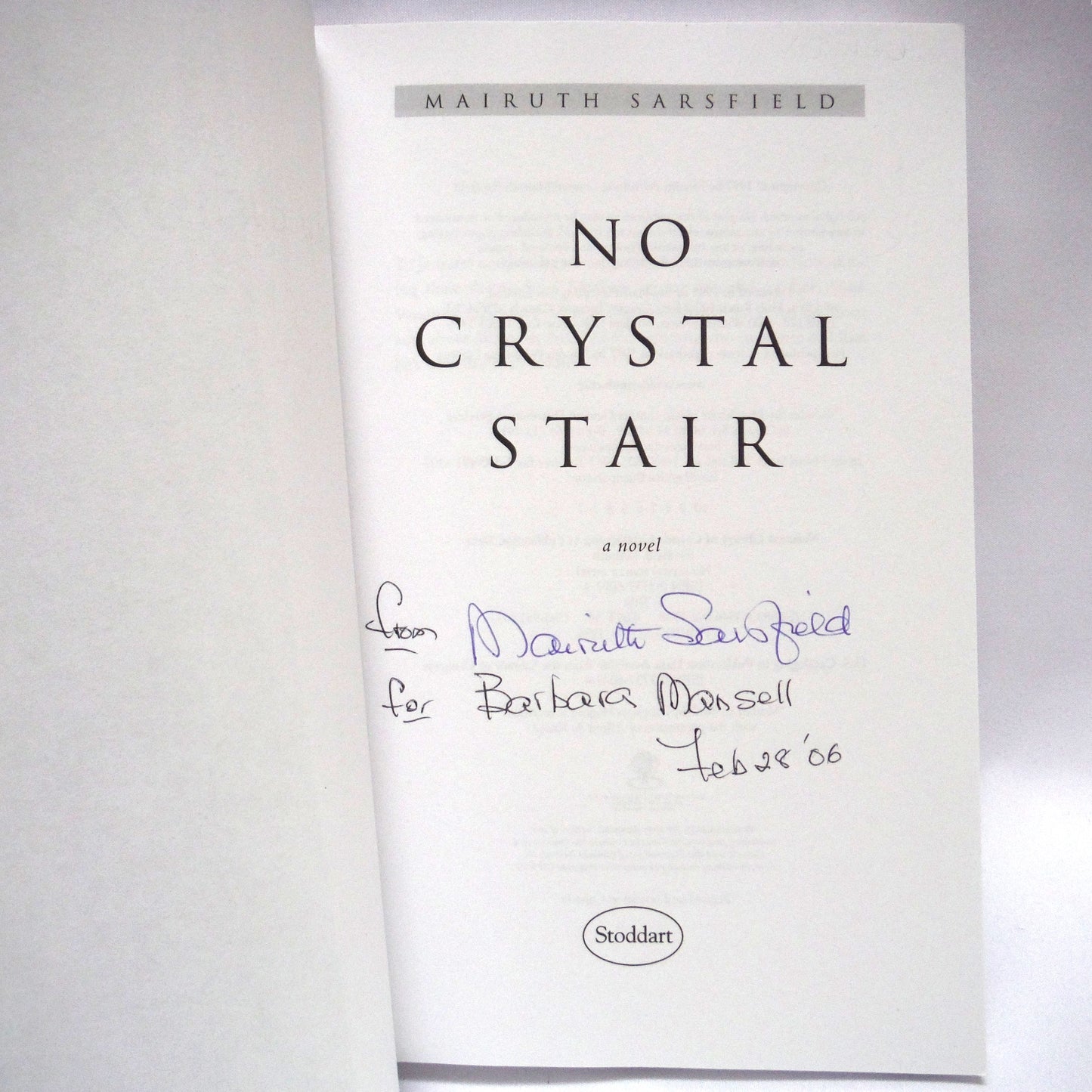 NO CRYSTAL STAIR, A Novel by Mairuth Sarsfield (1st Ed. SIGNED)