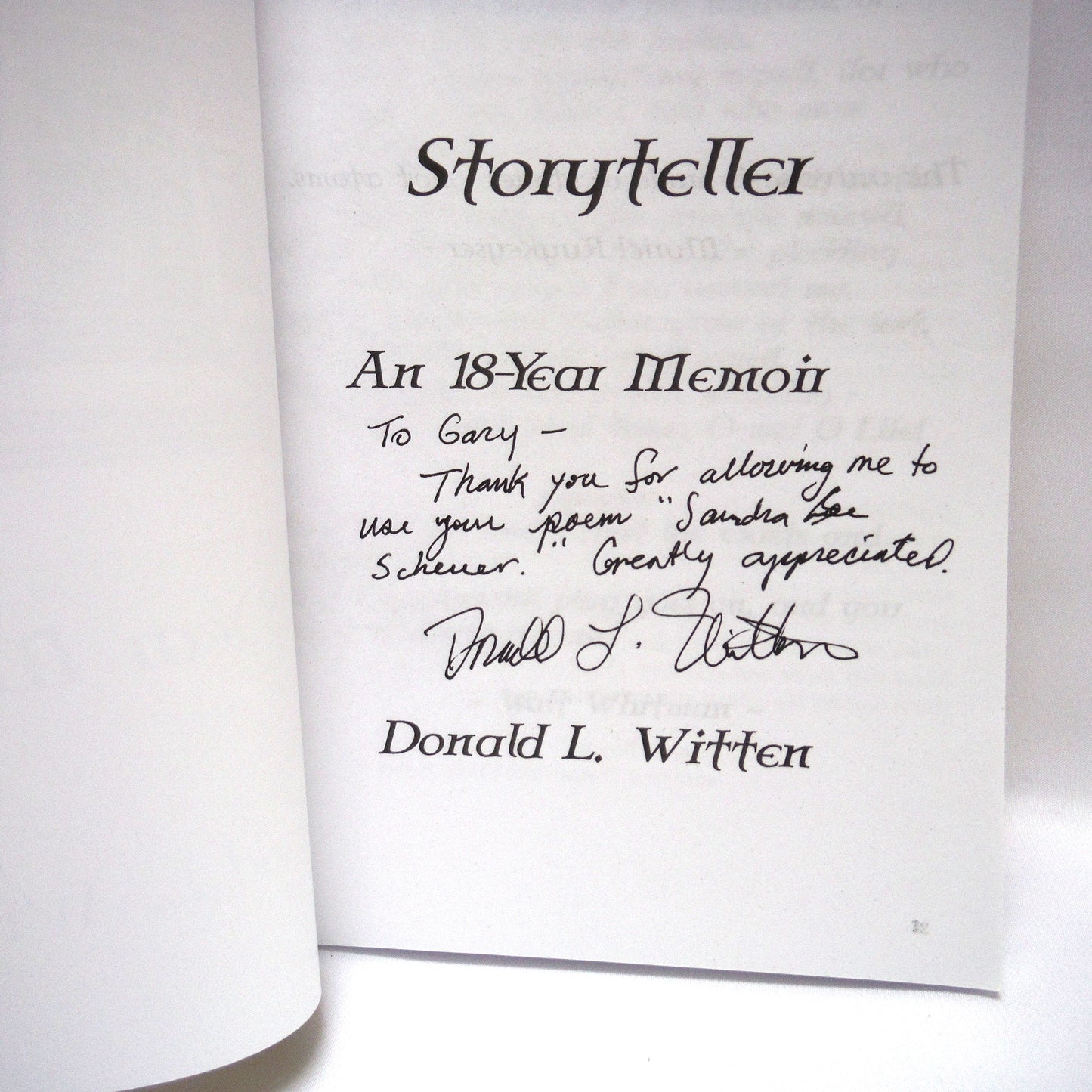 STORYTELLER, An 18-Year Memoir, by Donald L. Witten (1st Ed. SIGNED)