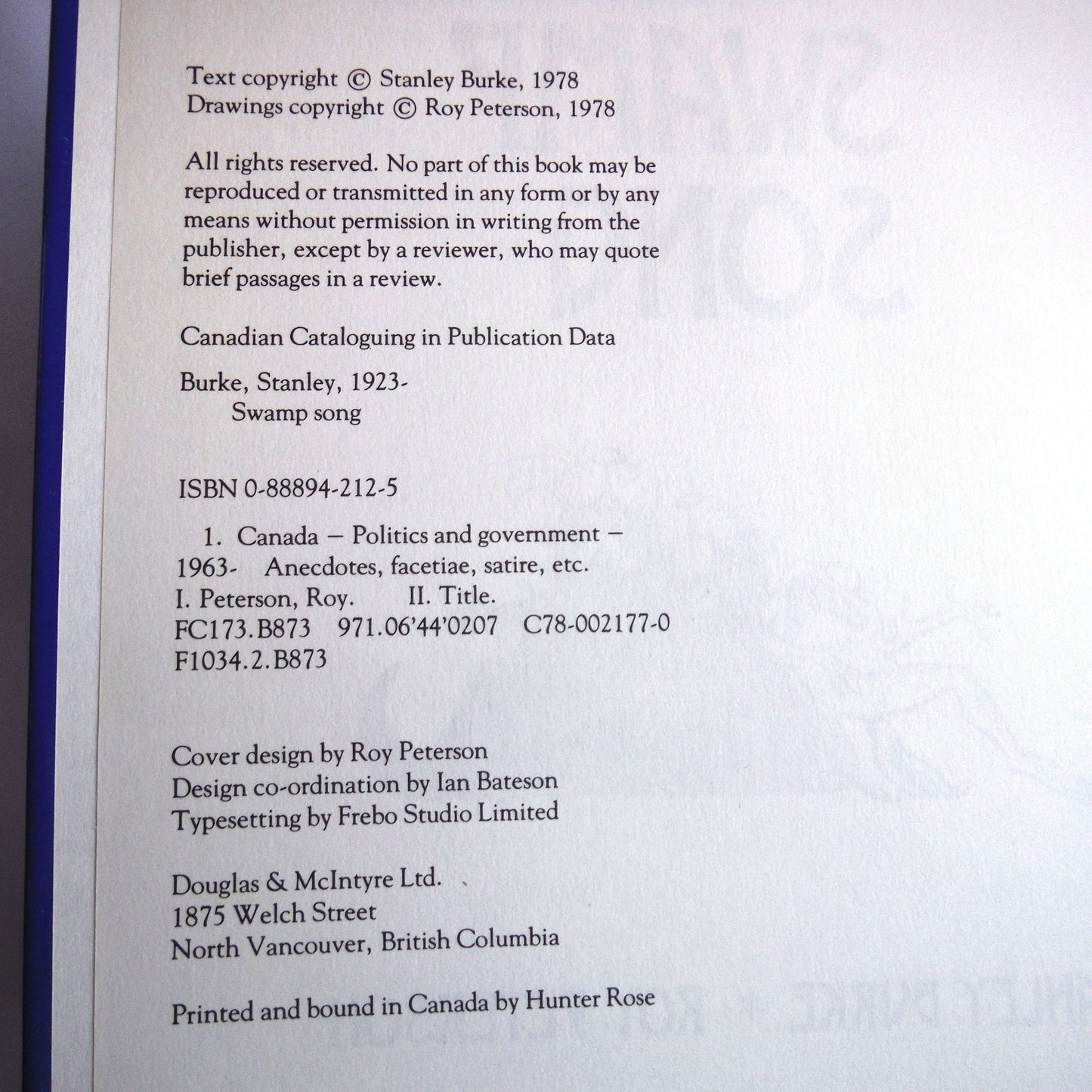 SWAMP SONG, Political Humour by Stanley Burke, Illustrations by Roy Peterson (1st Ed. SIGNED)