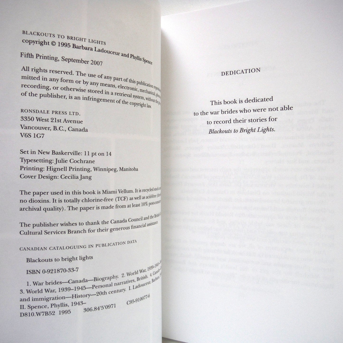 BLACKOUTS TO BRIGHT LIGHTS, Canadian War Bride Stories, Edited by Barbara Ladouceur and Phyllis Spence (1st Ed. SIGNED)