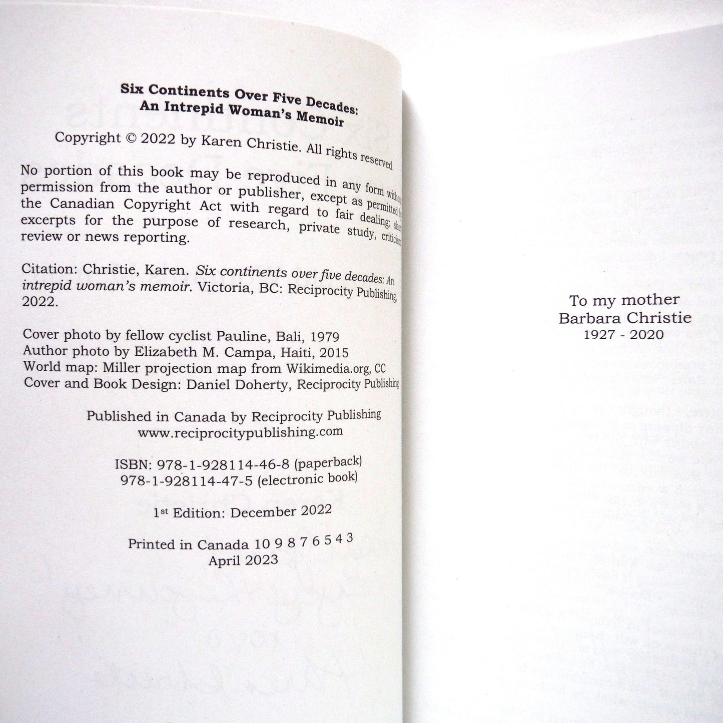 SIX CONTINENTS OVER FIVE DECADES, An Intrepid Woman's Memoir, by Karen Christie (1st Ed. SIGNED)