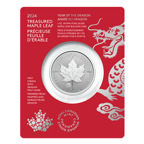 2024 Royal Canadian Mint $5 Pure Silver Coin 1 oz. 99.99% - Treasured Silver Maple Leaf First Strikes: DRAGON PRIVY MARK