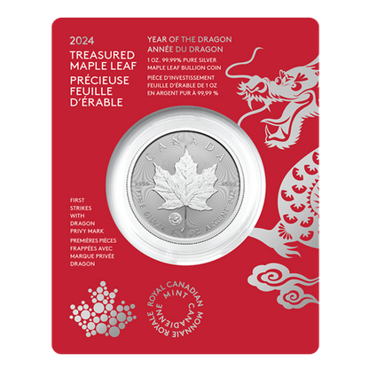 2024 Royal Canadian Mint $5 Pure Silver Coin 1 oz. 99.99% - Treasured Silver Maple Leaf First Strikes: DRAGON PRIVY MARK