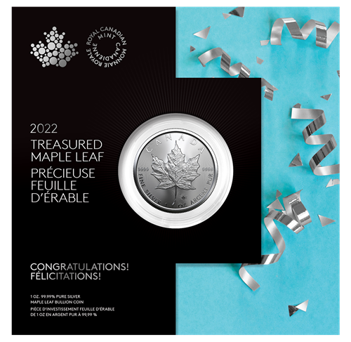 2022 Royal Canadian Mint $5 Pure Silver Coin 1 oz. 99.99% - TREASURED SILVER MAPLE LEAF COIN: Congratulations! Felicitations!