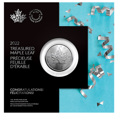 2022 Royal Canadian Mint $5 Pure Silver Coin 1 oz. 99.99% - TREASURED SILVER MAPLE LEAF COIN: Congratulations! Felicitations!