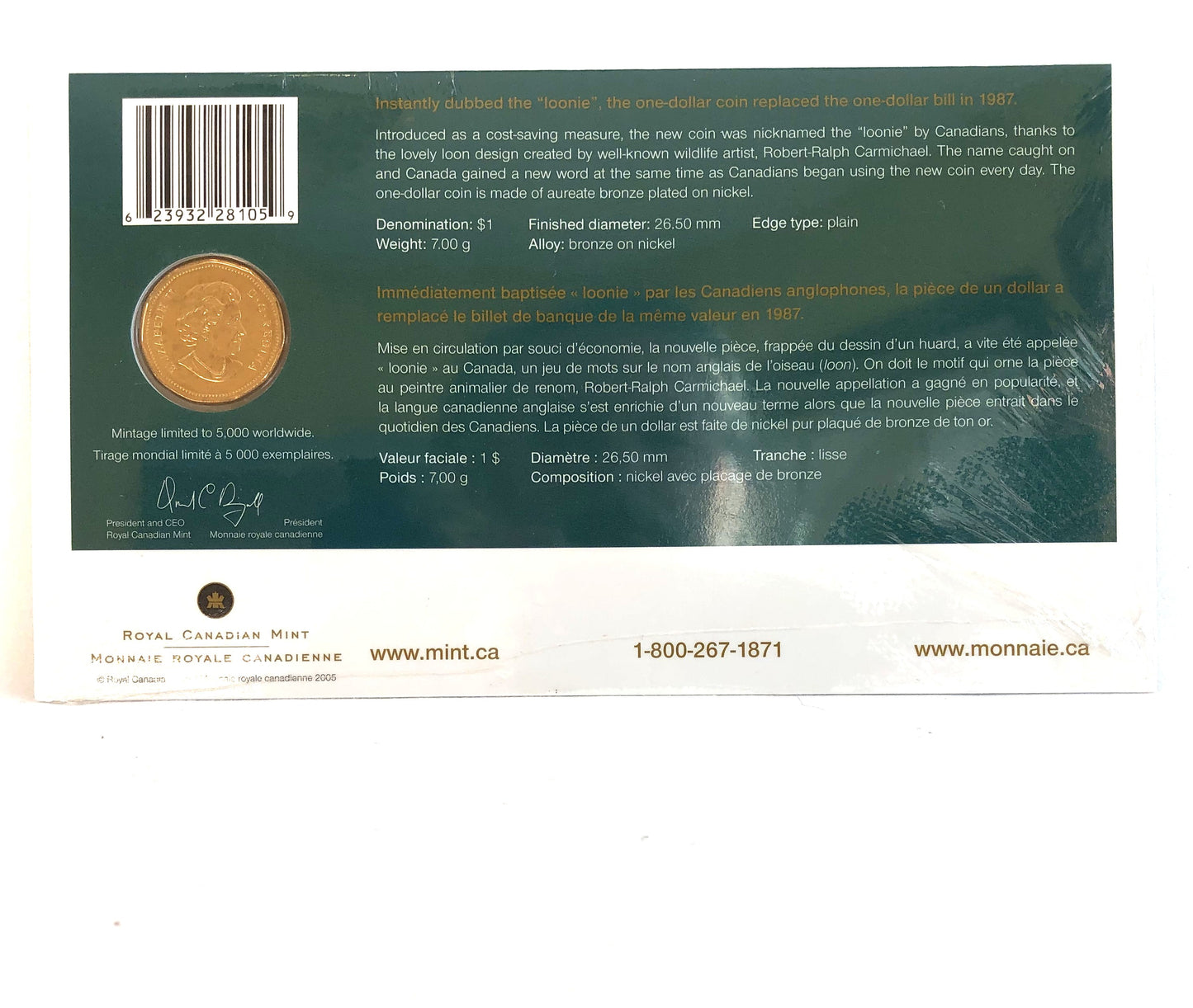 2005 Canadian Official First Day One-Dollar Coin: The $1 Loonie's 1st Day Issue in Original Presentation Folder (Mintage of only 5000)