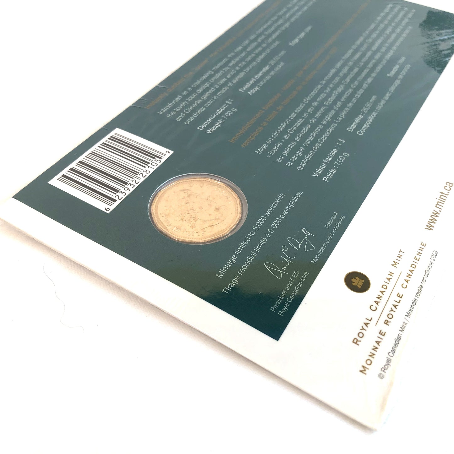 2005 Canadian Official First Day One-Dollar Coin: The $1 Loonie's 1st Day Issue in Original Presentation Folder (Mintage of only 5000)