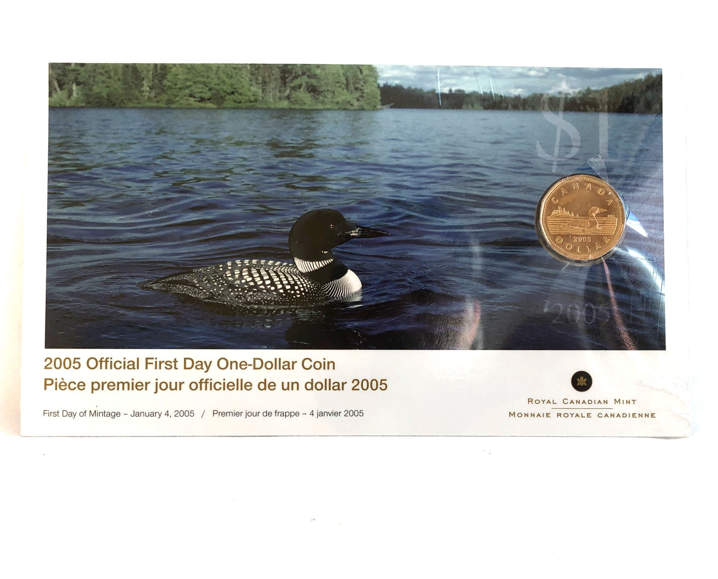 2005 Canadian Official First Day One-Dollar Coin: The $1 Loonie's 1st Day Issue in Original Presentation Folder (Mintage of only 5000)