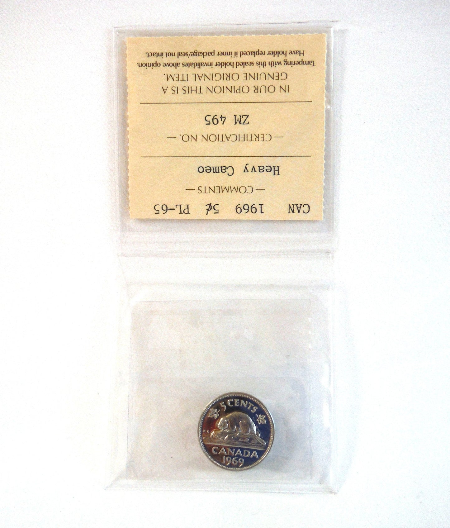 1969 CANADIAN .05 NICKEL COIN, Graded PL-65 Heavy Cameo, Certified by ICCS