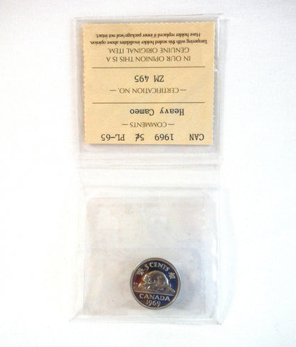 1969 CANADIAN .05 NICKEL COIN, Graded PL-65 Heavy Cameo, Certified by ICCS