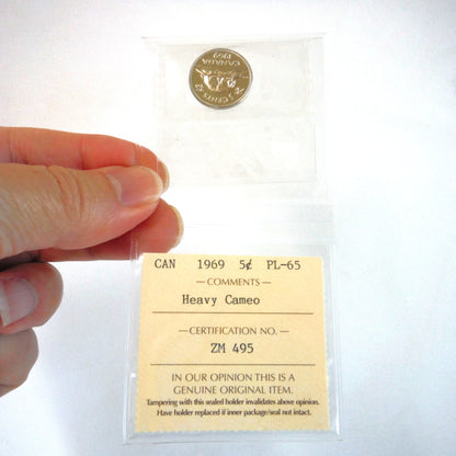 1969 CANADIAN .05 NICKEL COIN, Graded PL-65 Heavy Cameo, Certified by ICCS